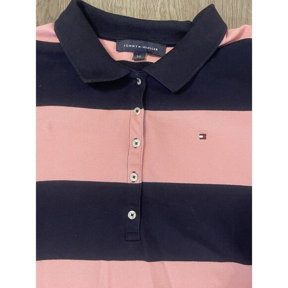 Tommy Hilfiger Y2K Polo Golf Shirt Large Navy Blue Pink Striped Heritage Preppy - Picture 3 of 9